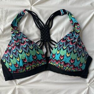 a.n.a Blue and Black Bikini Top with Vibrant Pattern